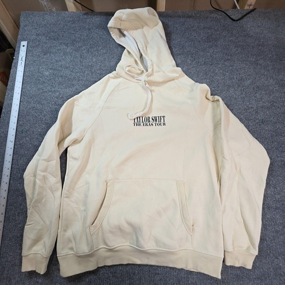 Taylor Swift Hoodie Mens Medium Beige Pullover Fleece Eras Tour Concert Graphic